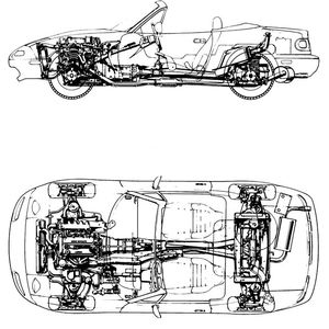 Klassisches Roadster-Layout mit längs eingebautem Motor und Heckantrieb: Sowohl die Vorder- wie auch die Hinterräder sind beim MX-5 NA einzeln an Doppelquerlenkern aufgehängt. An allen Rädern gibt es Scheibenbremsen, die vorderen sind innenbelüftet. Mazda gelang es mit 50:50 eine ideale Gewichtsverteilung zwischen Vorder- und Hinterachse zu realisieren.(Bild:  Mazda)
