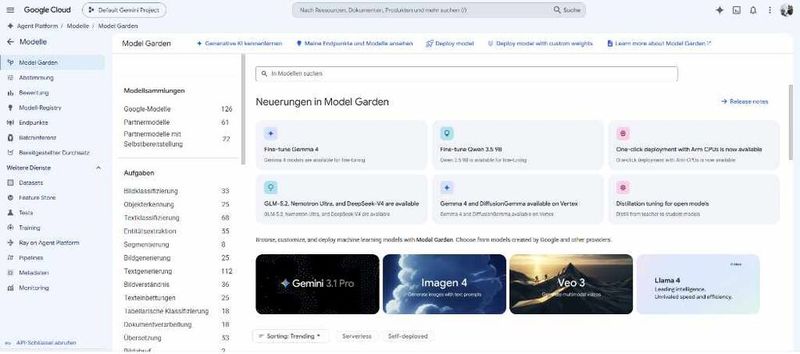 Der Model Garden führt Google-Modelle, Partnermodelle und offene Modelle wie Gemini 3.1 Pro und Llama 4 auf, aus denen ein Unternehmen je Aufgabe das passende Modell auswählt. (Bild: T. Joos)