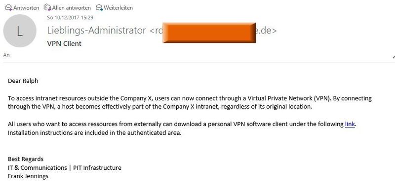 Eine Phishing-Nachricht von Lucy Server mit dem Hinweis, dass man doch bitte den enthaltenen Link aktivieren soll, um einen VPN-Software zu erhalten. (Dombach)
