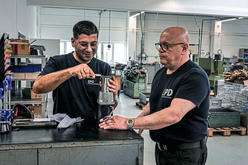 Murat Sahinbas Geschäftsführer der EPD Präzisions-Drehteile GmbH (links im Bild) und Wolfgang Ring (Leiter Fertigungstechnik) bei der Qualitätskontrolle. (Bild: Wemco, I. Krüger)