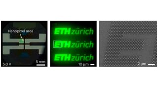 Ein Pixel-Feld aus organischen Nano-Leuchtdioden stellt das ETH-Logo mit einer Auflösung von 50'000 Pixel pro Zoll (ppi) dar  (Bild: Jiwoo Oh / ETH Zürich; Nature Photonics)