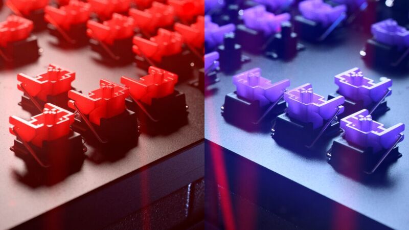 Die roten Switches arbeiten linear und die violetten mit Klick. Bei beiden liegt die Abtastrate bei 8.000 Hz. (Razer)