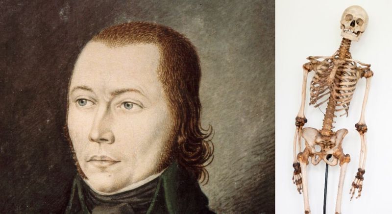 Das Porträt zeigt den „Schinderhannes“. Genetische Analysen ermöglichten nun auch die Bestimmung seiner tatsächlichen Augen-, Haar- und Hautfarbe – sowie die eindeutige Identifizierung seines Skeletts.(Bild:  links: Stadtarchiv Mainz BPSP/3894 C; rechts: Medizinische Fakultät Heidelberg der Universität Heidelberg)