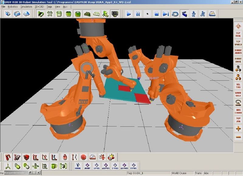 Bild 4: Prototypische Realisierung einer Kooperation von vier Robotersystemen (jeweils zwei werkstück- und werkzeugführend).  Bild: Verfasser (Archiv: Vogel Business Media)