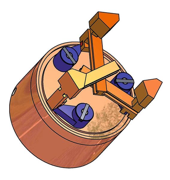 Bild 4: Linearer Planetengewindegreifer ohne Backengehäuse in Außenstellung mit den Schwingen und den Backen in drei Ebenen.  (Bild: Maul)