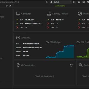 Das Dashboard des NETworkManager prüft die Konnektivität von Computer, Gateway und Internet und misst per Speedtest-Widget Bandbreite, Latenz und Jitter. (Bild: Joos - BornToBeRoot)