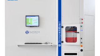 Der Tower ISM2000 von Juki fasst  7“ bis zu 15“ Bauteilrollen sowie Trays. Diese werden in Lagerboxen deponiert, so dass auch bei defekten Rollen keine Probleme beim Handling zu erwarten sind. (Bild: Juki)