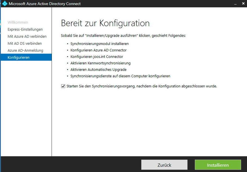 Wenn alle Einstellungen vorgenommen sind, zeigt der Assistent eine Zusammenfassung an, und der Agent zur Synchronisierung wird eingerichtet. (Joos / Microsoft)