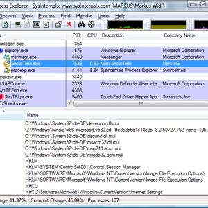 Abb. 1: Die Handle-Ansicht des Process Explorers. Sie zeigt Abhängigkeiten der Prozesse mit Dateien, Systemregistrierungseinträgt, u.ä
