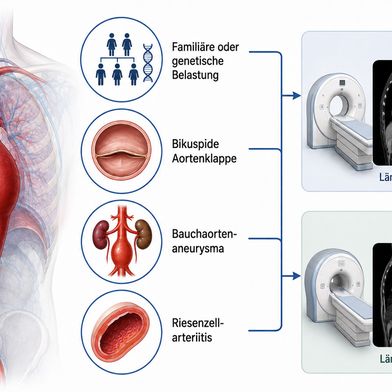 Vier Risikofaktoren, zwei Verfahren: Bei familiärer Belastung, bikuspider Aortenklappe, Bauchaortenaneurysma oder Riesenzellarteriitis kommen CT und MRT für die gezielte Suche infrage. (Bild: Guido Deußing, KI-generiert nach Peterß et al. 2026)