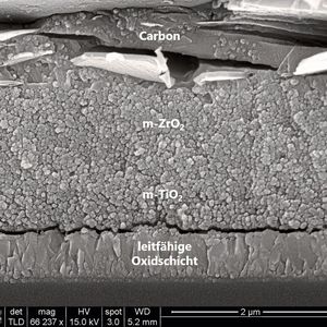 Querschnitt durch die verschiedenen Schichten der Perowskit-Solarzelle unter dem Rasterelektronenmikroskop: Die einzelnen Schichten sind hauchdünn, und die porösen Materialien wurden im letzten Schritt mit Perowskit „aufgefüllt“. 