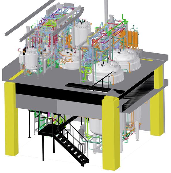 Eine mit Cadison geplante komplexe Anlage zur Fermentation in der biotechnologischen Herstellung von Pharmazeutika. (Bild: Cadison)