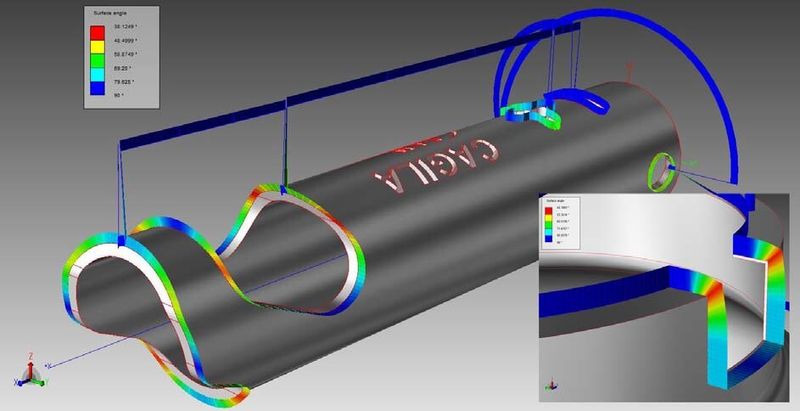 Prozessanalyse der Werkzeugorientierung and Abweichungen in Abhängigkeit zur Oberfläche und Schneidflanke mit der neuen Cagila 3D von CAM Service, die auch auf der Laser - World of Photonic gezeigt wird. (Bild: CAM Service)