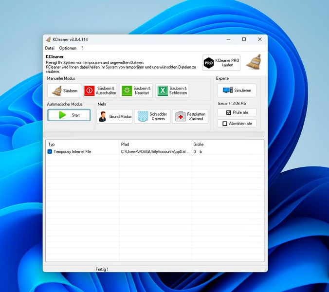 Der Expertenmodus bietet mehr Möglichkeiten und zeigt genauer, welche Daten das Tool löschen will. (Bild: Joos (Screenshot))