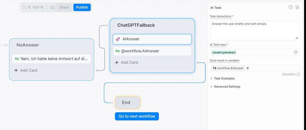 Erster Prototyp des Botpress Chatbot: Logik und KI-Fähigkeiten
