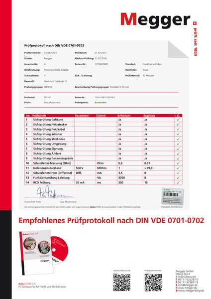 Megger bietet  ein kostenloses Lehrposter über ein beispielhaftes Protokoll nach DIN VDE 0701-0702. (Megger)