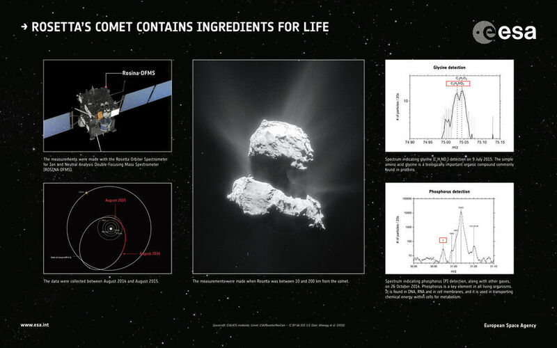 Das Massenspektrometer Rosina hat sowohl Glyzin (C2H5NO2, oben) als auch Phosphor (P, unten) in der Koma des Kometen gemessen. (ESA)