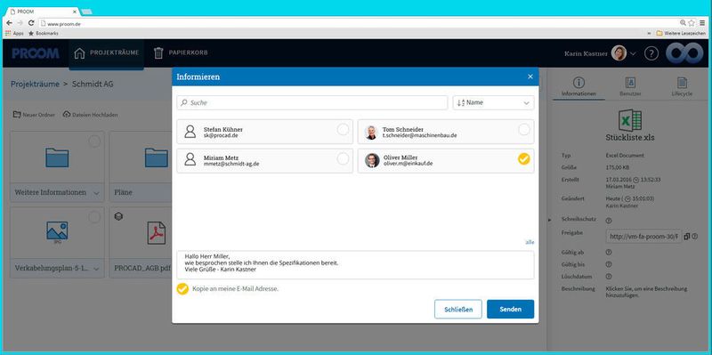 Proom als Filesharing-Plattform ersetzt klassische E-Mail- oder FTP-Lösungen durch cloudbasierte Projekträume. (Procad)