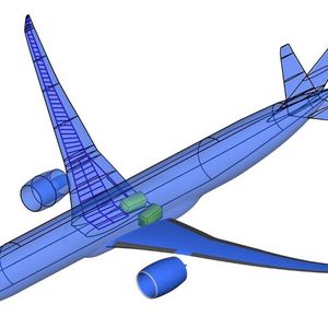 Außengeometrie und Innenstruktur: Neben der neuen Außengeometrie muss für einen solchen effizienten, schlanken Flügel auch die innere Struktur (hier in der rechten Tragfläche skizziert) angepasst werden, denn die größere Spannweite erhöht die im Flug auftretende Lasten infolge von Böen und im Manöverflug. Zudem muss auch das Fahrwerk weiterhin Platz im Innern finden (benötigter Bauraum als gelber Kasten dargestellt).(Bild:  DLR (CC BY-NC-ND 3.0))