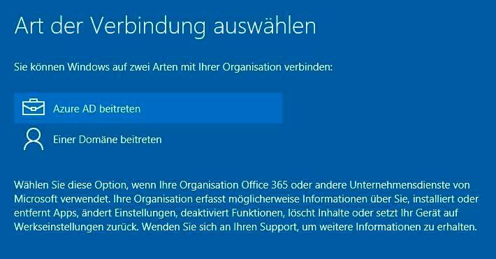 Tipp 18: Bei der Einrichtung von Windows 10 können Administratoren den Rechner an Azure Active Directory oder eine Office 365-Domäne anbinden. Nachdem die Option ausgewählt wurde, startet ein Assistent zur Anbindung. Diese kann auch von Anwendern durchgeführt werden. Die Anbindung wird entweder bei der Installation gestartet, oder nachträglich, wenn Windows 10 gestartet ist. (Bild: Th. Joos)