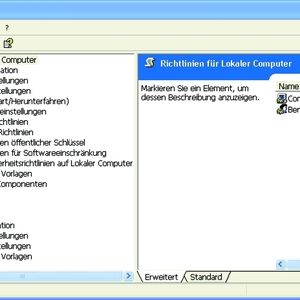 Der Befehl GPEDIT.MSC öffnet das lokale Gruppenrichtlinienobjekt (hier ein Windows-XP-Client).