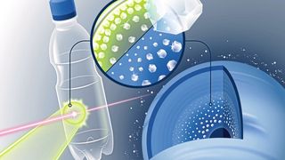 Im Experiment wurde eine dünne Folie aus simplem PET-Plastik mit einem Laser beschossen. Die starken Laserblitze, die auf die folienartige Materialprobe trafen, erhitzten diese kurzzeitig bis zu 6.000 °C und erzeugten damit eine Schockwelle, die die Materie für einige Nanosekunden auf das Millionenfache des Atmosphärendrucks komprimierte. Dabei entdeckten Forscher, dass sich unter dem Extremdruck winzige Diamanten bildeten, so genannte Nanodiamanten. (Bild: Blaurock / HZDR)