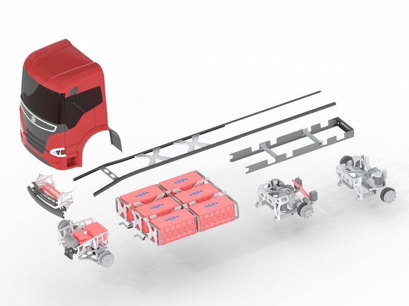 Der Leichtbau-LKW-Rahmen lässt sich wie eine Art Baukasten modular aufbauen und sich auf verschiedene Antriebskonzepte variabel skalieren. (Edag Engineering GmbH)