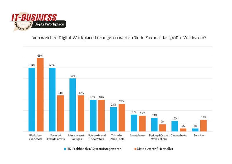 Das größte Wachstum erwarten 60 Prozent der ITK-Fachhändler/Systemintegratoren künftig  bei Wokplace as a Service sowie bei Security/ Remote Access. (Quelle: IT-BUSINESS)