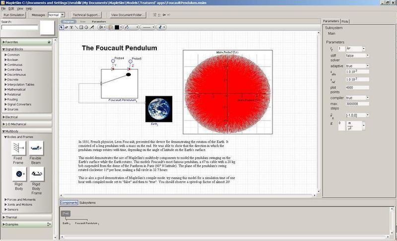 Foucault‘s Pendulum: Ein foucaultsches Pendel ist ein langes Fadenpendel mit einer großen Pendelmasse, mit dessen Hilfe die Erdrotation anschaulich nachgewiesen werden kann. Eine gute Darstellungsmöglichkeit des MapleSim compile mode. (Archiv: Vogel Business Media)