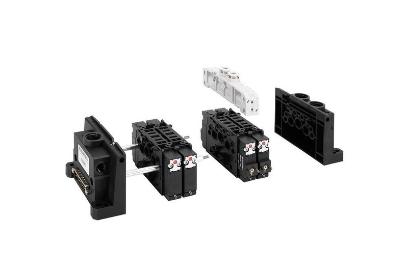 Système modulaire : les composants de la série de distributeurs Essential Valve System ES05 peuvent être commandés séparément. (Aventics)
