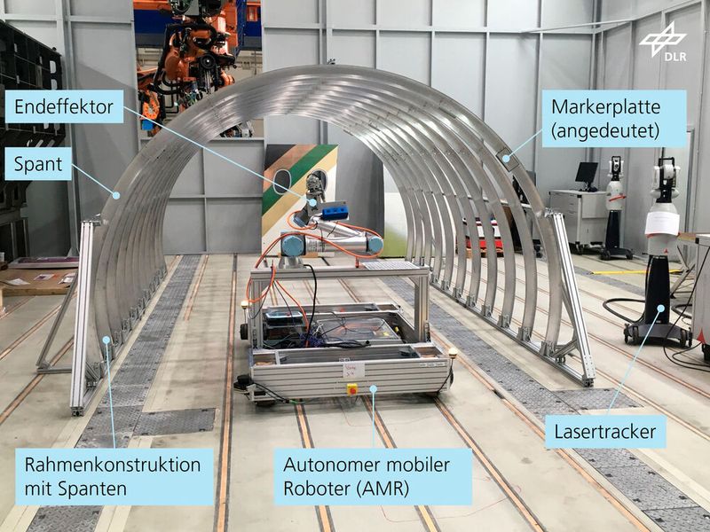 Rahmenkonstruktion und mobiler Roboter inklusive Aufbauten.  (Bild: DLR)