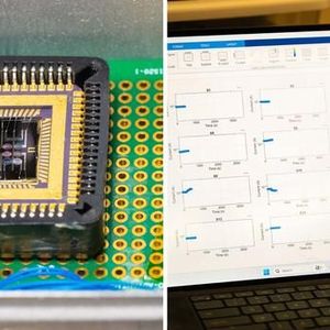 The electronic nose contains 16 different gas-sensitive materials (small circles in the center) that each react to the gas molecules presented to it (left). The device records the reactions of each material and, using a machine learning model, learns which set of reactions are associated with a specific food or scent (right).(Source:  Brandon Sánchez-Mejia)