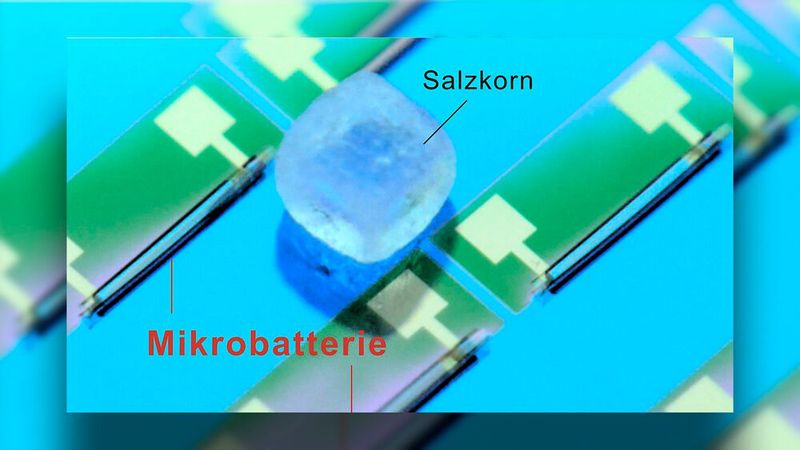 Platz 10: Wie Mikrobatterien für staubkorngroße Computer entstehen: Die kleinste Batterie der Welt ist kleiner als ein Salzkorn (1 mm³) und kann im  Submillimeter-Maßstab in großen Stückzahlen auf einer Wafer-Oberfläche hergestellt werden.   (Bild: IFW Dresden/TU Chemnitz)