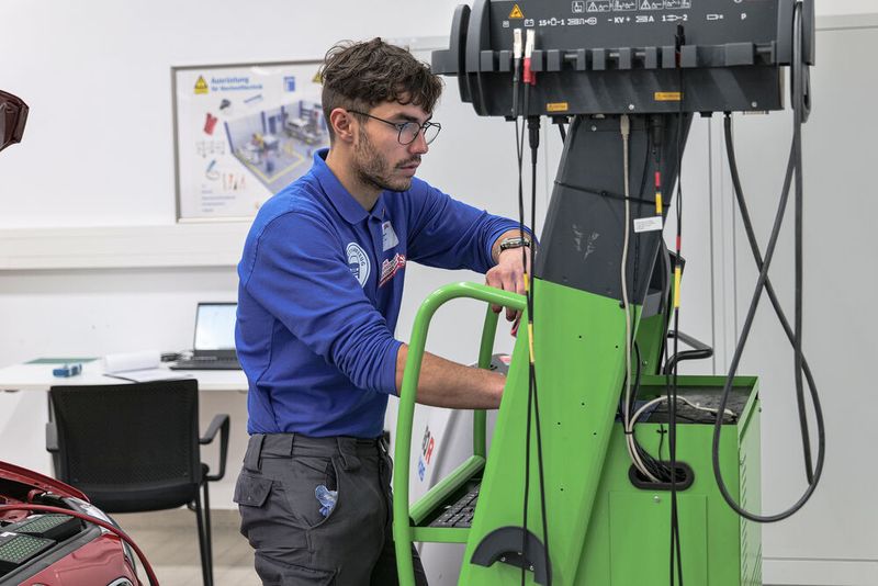 Maximilian Westphal aus Thüringen bei der Überprüfung der Klimaanlage eines 1er BMW. (Bild: Schmidt - VCG)