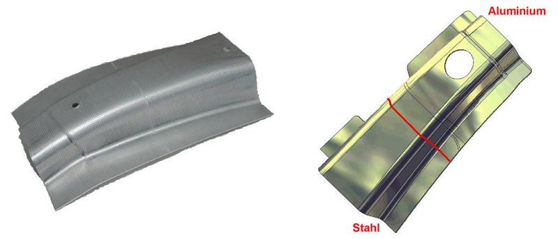 Aus 300 x 220 mm großen Platinen 1,2 bzw. 1,5 mm Dicke entstehen mit Schweißgeschwindigkeiten von 78 cm/min nach dem Umformen Musterstücke schweißgelöteteter PKW-Dachrahmen. (Fronius)