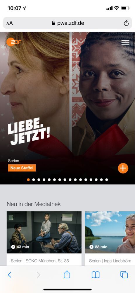 Die mobile ZDF-Mediathek kann gleichzeitig als PWA arbeiten.(Bild:  Rentrop / ZDF)