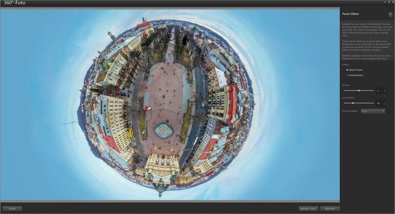 Paintshop Pro 2019 verfügt über eigene Funktionen für das Bearbeiten von Fotos, die mit 360°-Kameras aufgenommen wurden. Hier ist der „Kleiner Planet“-Effekt zu sehen. (Corel)