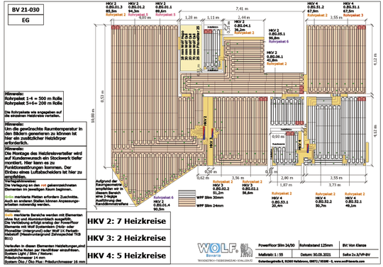(Detaillierter Verlegeplan für die Fußbodenheizung im Erdgeschoss, bearbeitet mit SketchUp Pro. Bild: Wolf-Bavaria GmbH)