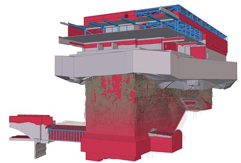 (Die BIM-Modelle visualisierten den Fortschritt bei der Planung, Fertigung und den Arbeiten am Bau. Die Bewehrung für Ortbeton und Betonfertigteile, Stahldachbinder und Bohrpfähle waren alle im Modell sichtbar. Bild: Trimble)