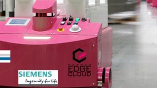 Die German Edge Cloud, Bär Automation und Siemens Mindsphere stellen auf der SPS-Messe eine KI-basierte Logistikoptimierung mit FTS-Systemen vor sowie ein All-inOne-Mini-Datacenter.  

 (German Edge Cloud)