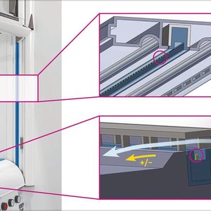 Abb.2: Links: Ionisierungselektroden (blaue Schienen) im Laborabzug; Rechts: Die Luftzufuhr zu den Ausblasschlitzen erfolgt über Aluminiumhohlprofile sowohl an den Seitenwänden als auch an der Vorderkante der Arbeitsplatte. In unmittelbarer Nähe zur Ausblasung befinden sich die Hochspannungselektroden (kleine Spitzen), die die austretenden Wandstrahlen mit positiven und negativen Ionen mit +/- 5 kV aufladen.(Bild:  HS Esslingen)