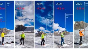 Extent of ice loss at Konkordiaplatz on the Great Aletsch Glacier, canton Valais between 2022 and 2026, compared with the average of measurements taken between 1953 and 1983. (Source: M. Huss / A. Linsbauer)