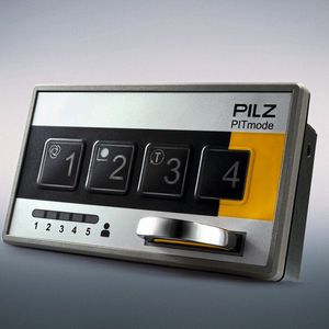 Das kompakte All-in-one-Gerät Pitmode von Pilz ist platzsparend installierbar, denn es enthält die Taster für die Betriebsartenwahl und die SEU.(Bild:  Pilz)