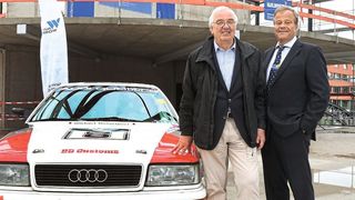 Bernd Kußmaul (li.) und Bernd Glathe beim Richtfest des künftigen Audi-Standorts am Ausschläger Weg 74 in Hammerbrook. (Bild: Auto Wichert)