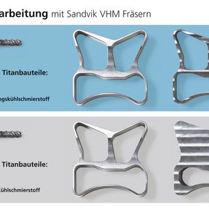 Mit einem neuen, speziell für die Titanbearbeitung entwickelten Kühlschmierstoff (KSS) konnten zwei Werkstücke komplett bearbeitet werden. Mit konventionellem KSS konnten unter gleichen Bedingungen nur anderthalb Werkstücke gefertigt werden.