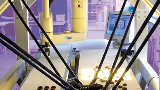 Ein Quattro-Roboter mit Parallelkinematik und ein Scara-Roboter beim Sortieren von Pralinen.  Bild: Adept (Archiv: Vogel Business Media)
