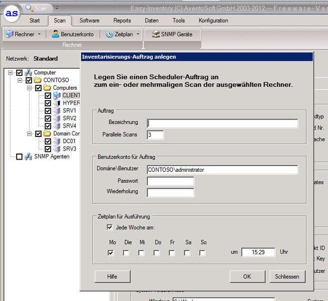 Abbildung 5: Auf Wunsch lassen sich bestimmte oder alle Rechner im Netzwerk über einen Zeitplan regelmäßig scannen. Auf diesem Weg steht im Inventarisierungstool immer eine aktuelle Liste von Hard- und Software zur Verfügung. (Bild: Joos)