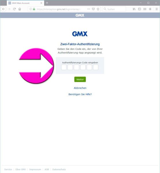 Fortan muss bei jedem Einlogvorgang per Web neben dem Passwort ein zusätzlicher Authentifizierungscode eingegeben werden... (Screenshot (gmx.de))