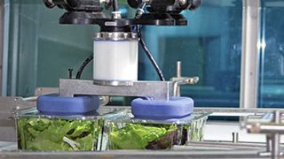 Bild 1: Spezielle Softgreifer an den Deltarobotern sorgen für ein schonendes Handling der Kunststoffboxen. (Bild: Adept)