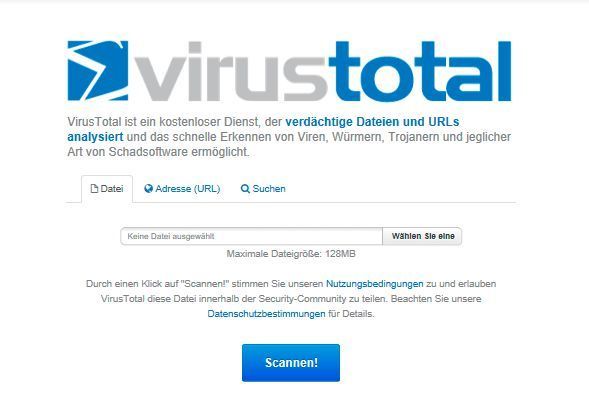 Die alte Web-GUI von VirusTotal mit den drei Basisfunktionen. „Datei“ oder „URL“ hochladen zur Analyse und der Suchfunktion. (R. Dombach)